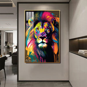 Colourful Lion LED Canvas | 100×150 cm LED-Illuminated Crystal-Porcelain Lion Painting, Gold/Black Frame | By REKLINE