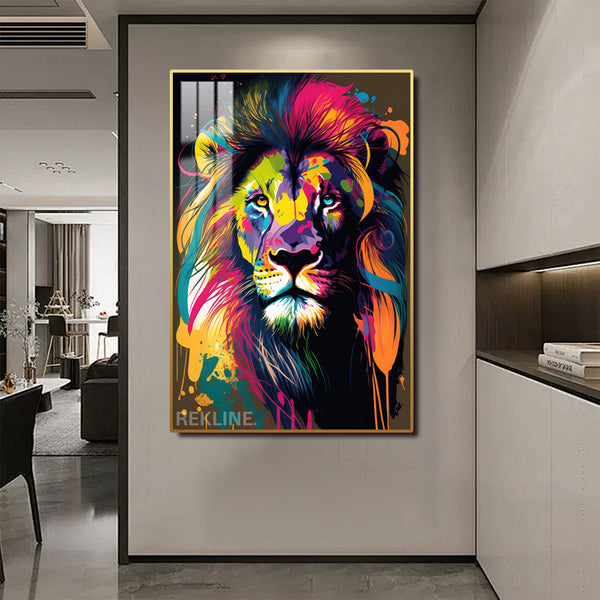 Colourful Lion LED Canvas | 100×150 cm LED-Illuminated Crystal-Porcelain Lion Painting, Gold/Black Frame | By REKLINE