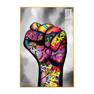 Raised-fist street art canvas print with single-colour LED halo, black alloy frame