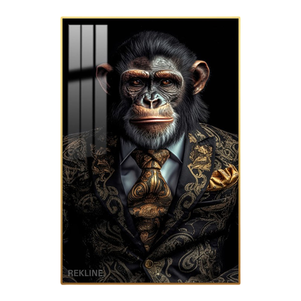 Suited chimpanzee canvas wall art with gold or black LED alloy frame, 100 × 150 cm crystal-porcelain gloss artwork by Rekline for modern interiors.