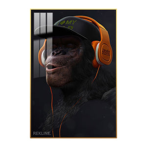 Chimpanzee wearing orange headphones and cap, LED canvas.