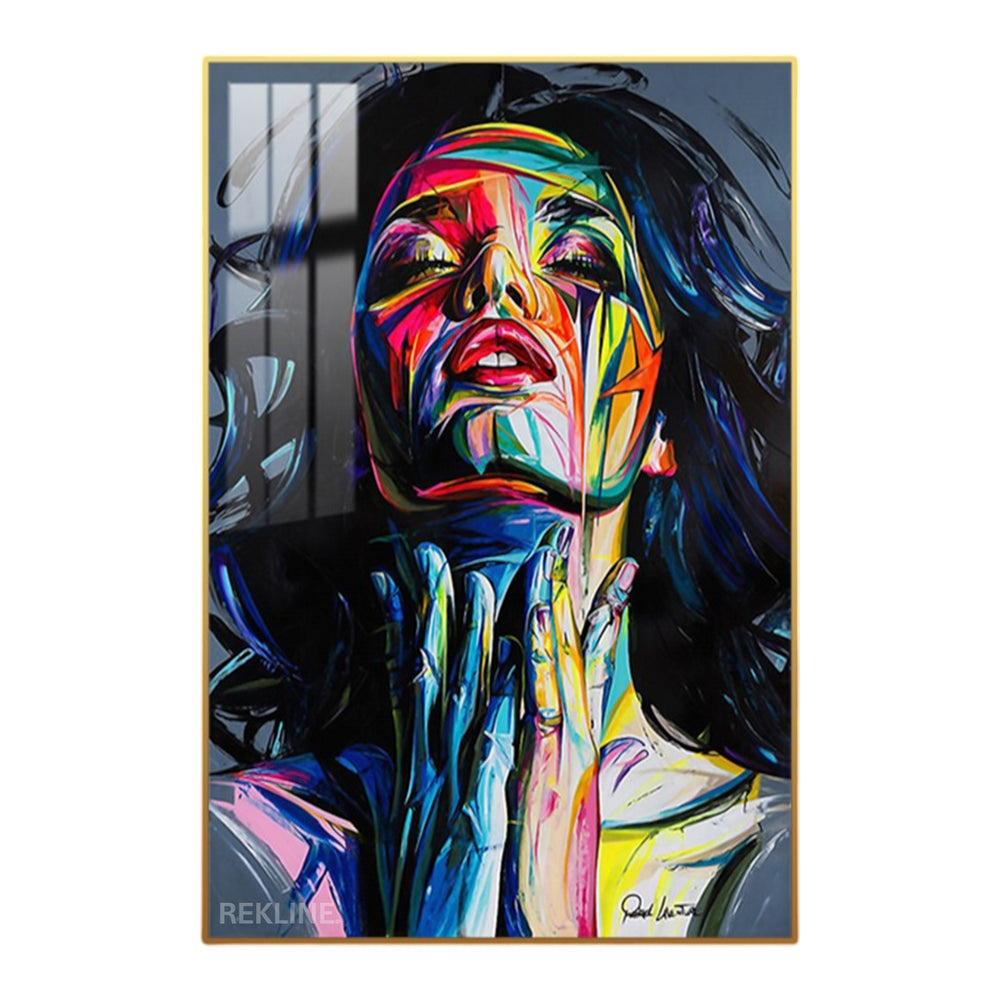 Abstract painting of a woman’s face with single-colour halo and aluminium frame