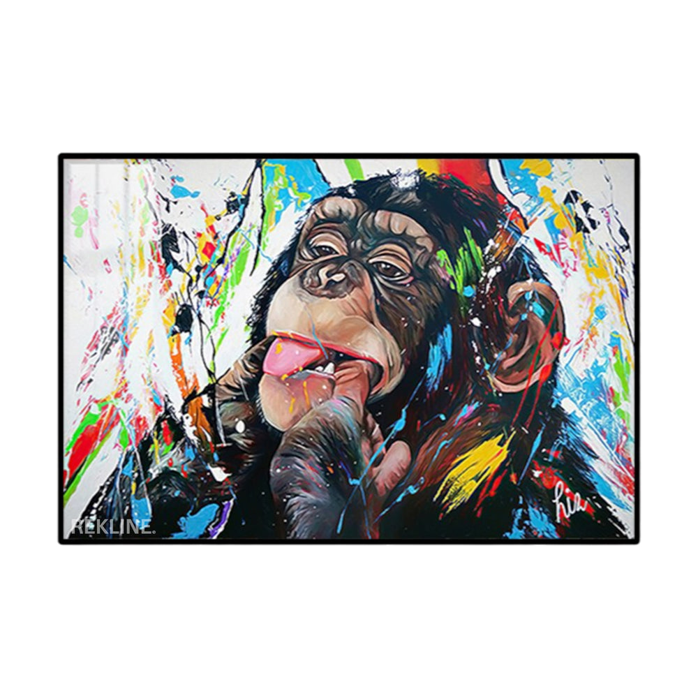 Horizontal chimpanzee portrait dripping neon paint against white background
