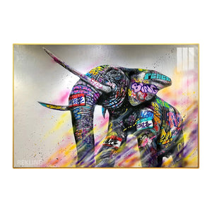 Large colourful elephant canvas wall art with graffiti details.