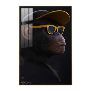 Side-view monkey in cap and yellow sunglasses, illuminated canvas.