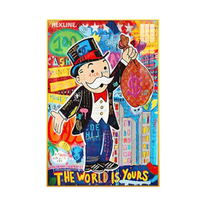Monopoly Man holding a colorful dollar bag against graffiti backdrop