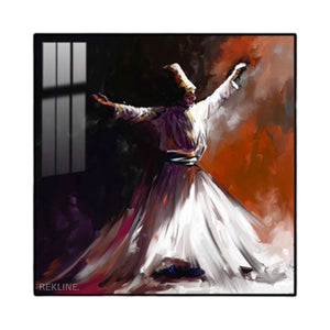 Sufi whirling dervish painting with LED halo on dark-orange backdrop.