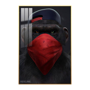 Front-facing chimp in cap & red bandana, LED halo canvas.