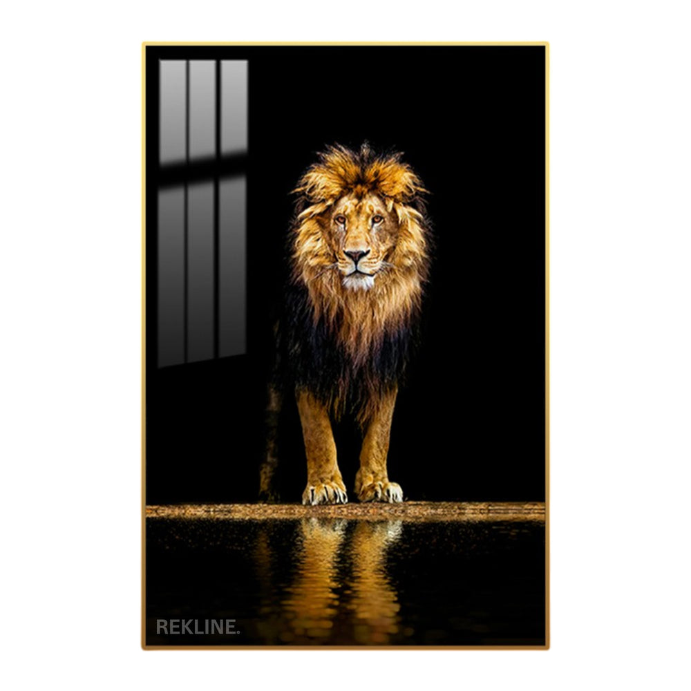 Midnight lion LED canvas 100 × 150 cm in gold or black aluminium frame, white halo glow