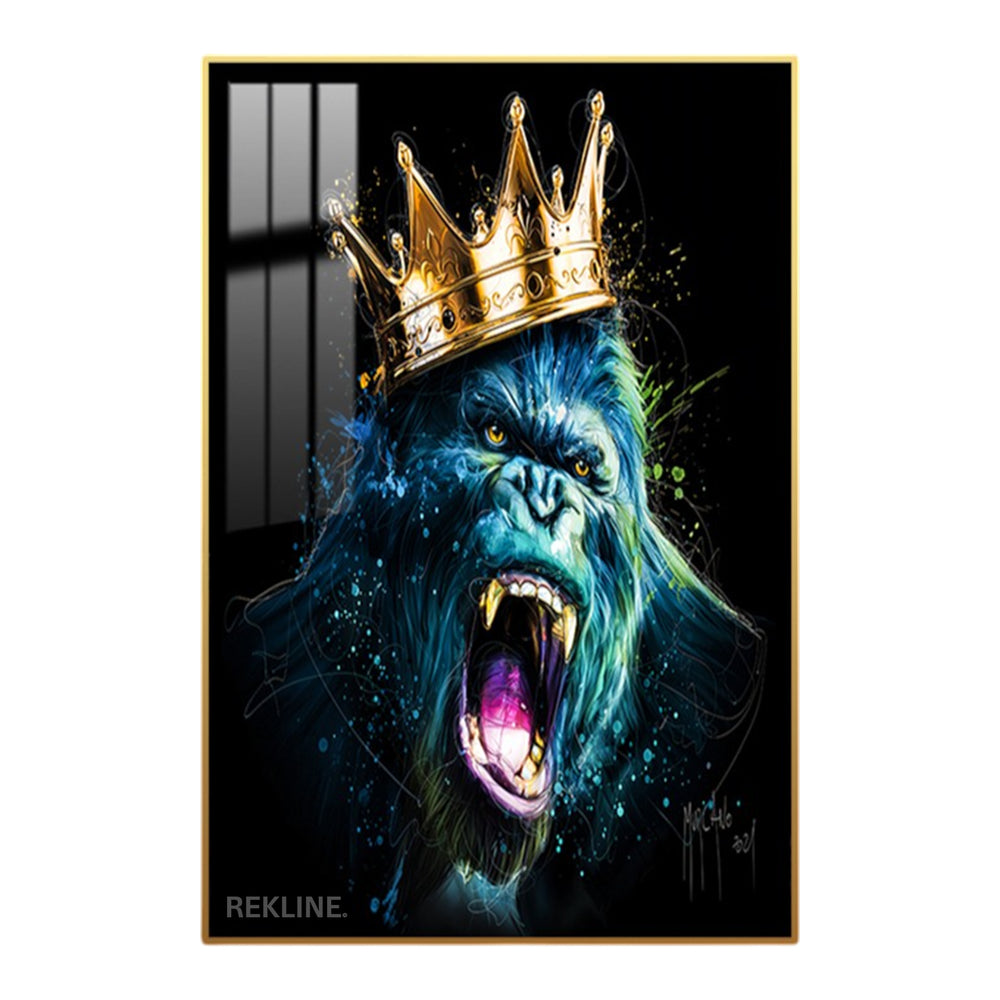 LED gorilla wall art of roaring blue gorilla wearing gold crown, crystal-porcelain canvas in alloy frame