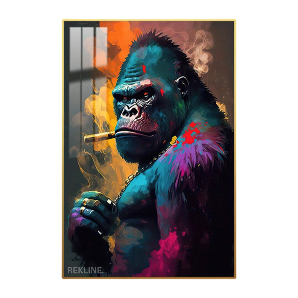 Vivid blue-purple gorilla smoking cigar on LED canvas with gold or black alloy frame and crystal-porcelain gloss, 100×150 cm wall art