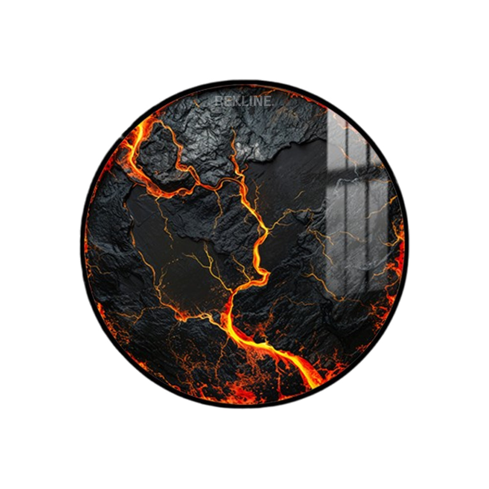 Volcanic Wall Art | 100 cm Round LED Canvas in Gold or Black Frame | Lava-Inspired Feature Piece with Gloss Finish | By REKLINE