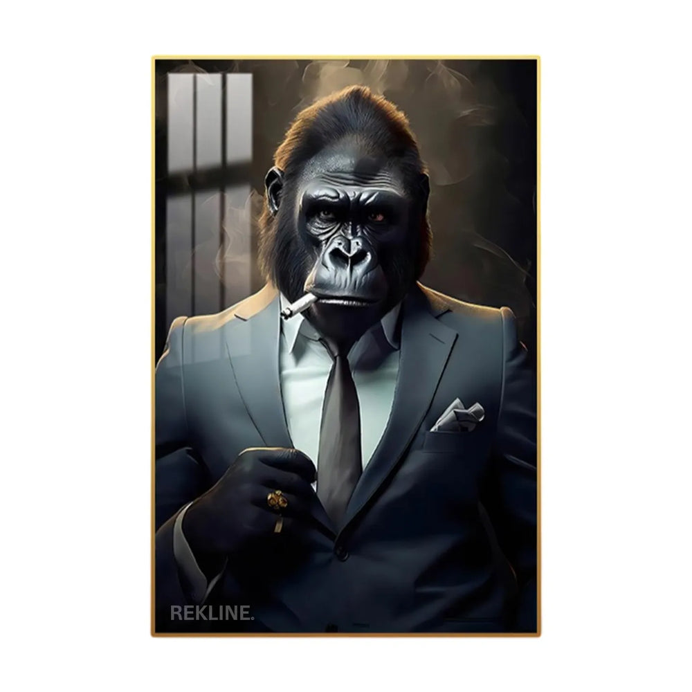 Smoking gorilla in suit painting, LED-lit crystal-porcelain canvas, 100×150 cm.