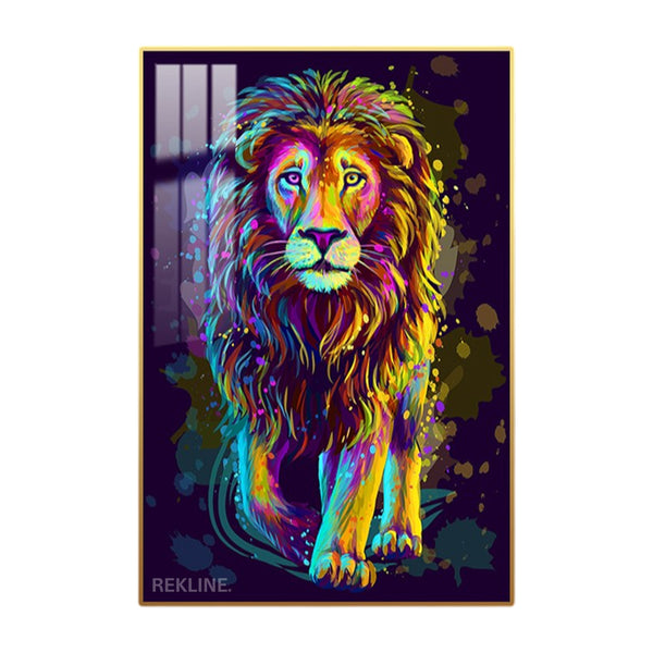 Crystal-porcelain lion head canvas print, vivid colours and illuminated halo