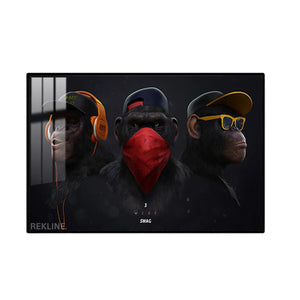 LED-lit horizontal chimpanzee painting with three urban chimp heads