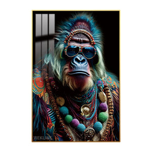 Stylish gorilla painting canvas with sunglasses, beaded jewellery and LED halo in a gold alloy frame