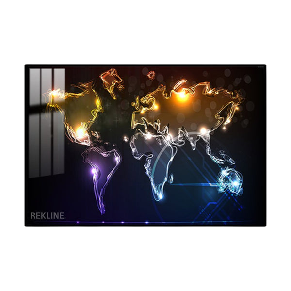 Illuminated neon world map lines on dark canvas with LED backlight
