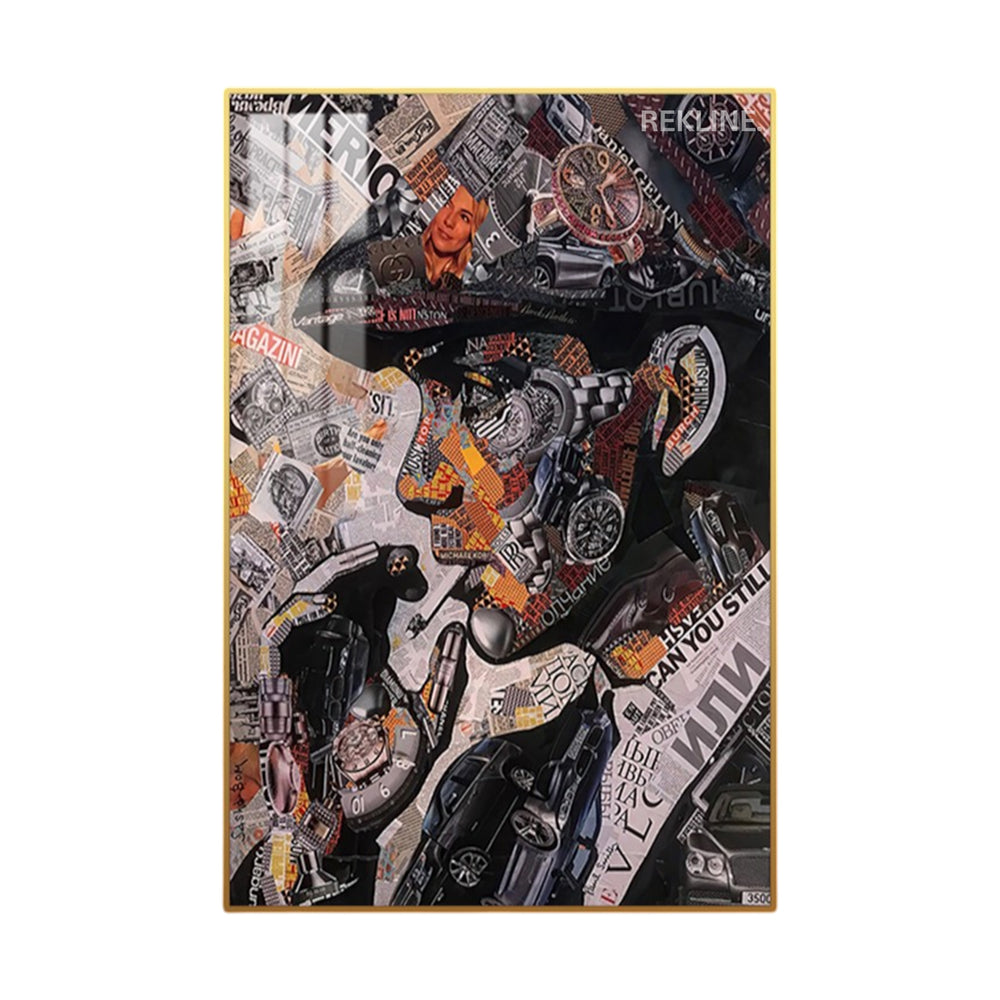 Thomas Shelby collage composed of vintage clippings and watch parts on illuminated canvas