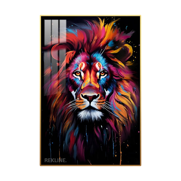 Lion Wall Art | Colourful LED Canvas with Gold or Black Frame | 100×150 cm Designed for Contemporary Interiors | By REKLINE