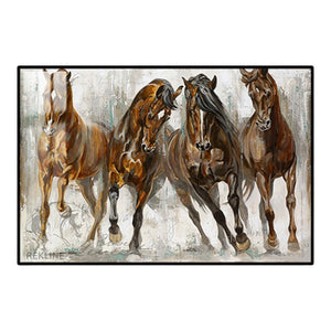 Horizontal LED backlit abstract horse painting of four galloping horses in a gold frame