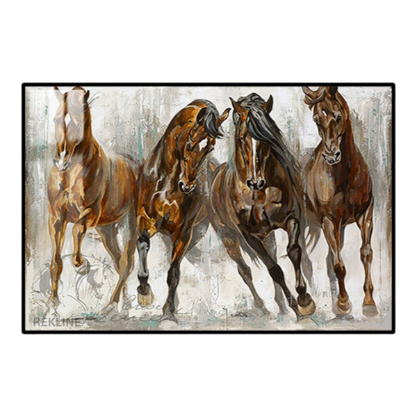 Horizontal LED backlit abstract horse painting of four galloping horses in a gold frame