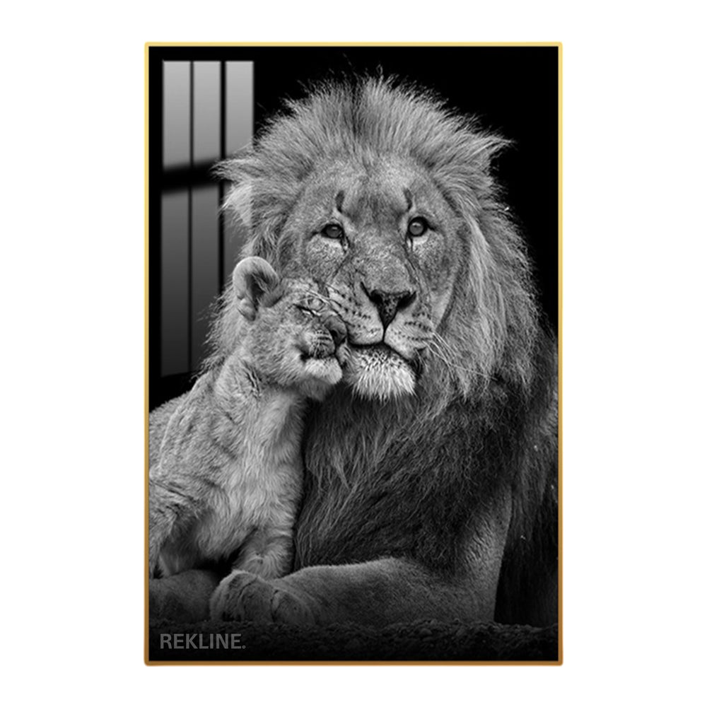 Black-and-white lion and cub canvas wall art with soft LED halo, crystal-porcelain gloss and gold or black alloy frame, 100 × 150 cm.