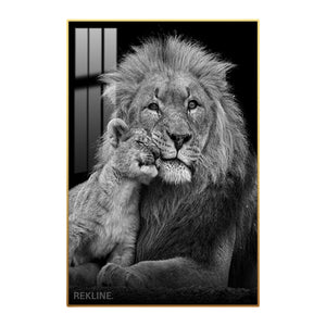 Black-and-white lion and cub canvas wall art with soft LED halo, crystal-porcelain gloss and gold or black alloy frame, 100 × 150 cm.