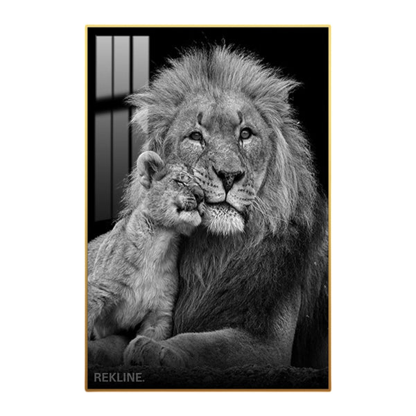 Black-and-white lion and cub canvas wall art with soft LED halo, crystal-porcelain gloss and gold or black alloy frame, 100 × 150 cm.
