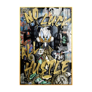 Scrooge McDuck street art painting in graffiti style with “No Luck All Hustle” text, LED-lit.