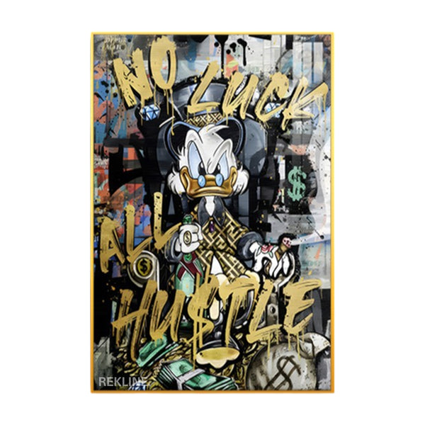 Scrooge McDuck street art painting in graffiti style with “No Luck All Hustle” text, LED-lit.