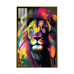 Abstract colourful lion head with drips under LED backlight