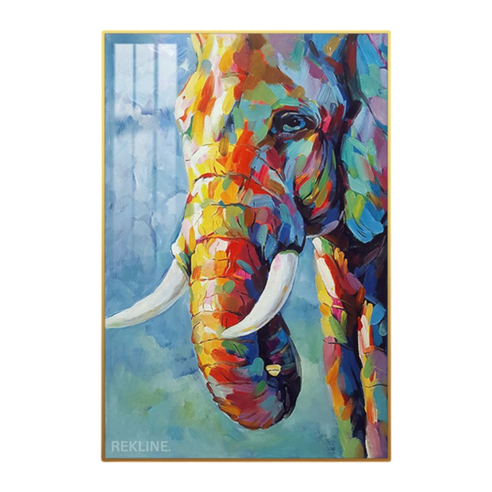 Colourful elephant LED canvas 100 × 150 cm in gold or black aluminium frame, white halo glow