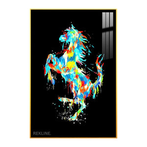 Colourful rearing horse LED canvas 100 × 150 cm in gold or black aluminium frame