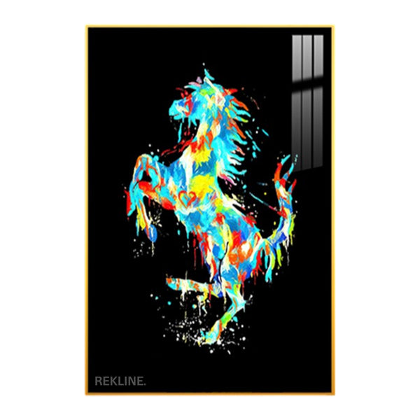 Colourful rearing horse LED canvas 100 × 150 cm in gold or black aluminium frame