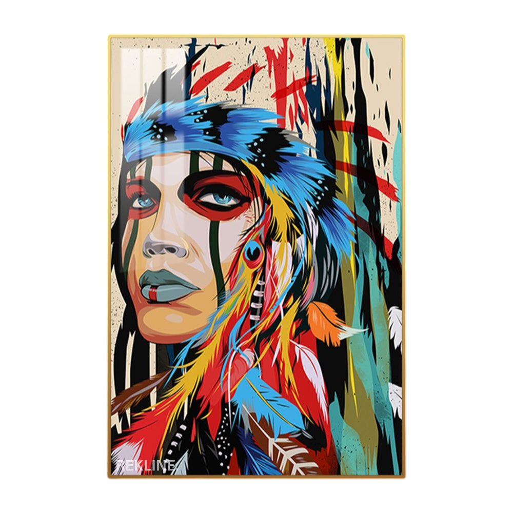 Graffiti-style woman portrait painting with illuminated halo and alloy frame