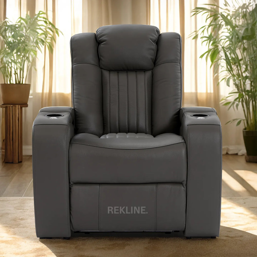 Home Cinema Chair in Grey Real Leather | Luxury for Gaming & Movie Theatre Seating | Electric Recliner with 8-Point Massage & Power Headrest | Capri by REKLINE