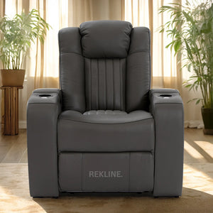 Home Cinema Chair in Grey Real Leather | Luxury for Gaming & Movie Theatre Seating | Electric Recliner with 8-Point Massage & Power Headrest | Capri by REKLINE