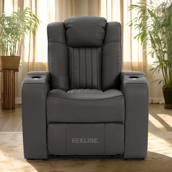 Home Cinema Chair in Grey Real Leather | Luxury for Gaming & Movie Theatre Seating | Electric Recliner with 8-Point Massage & Power Headrest | Capri by REKLINE