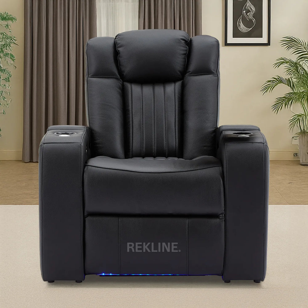 Home Cinema Chair in Black Real Leather | Luxury for Gaming & Movie Theatre Seating | Electric Recliner with 8-Point Massage & Power Headrest | Capri by REKLINE