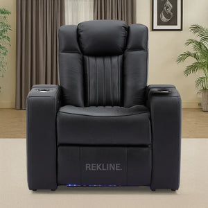 Home Cinema Chair in Black Real Leather | Luxury for Gaming & Movie Theatre Seating | Electric Recliner with 8-Point Massage & Power Headrest | Capri by REKLINE