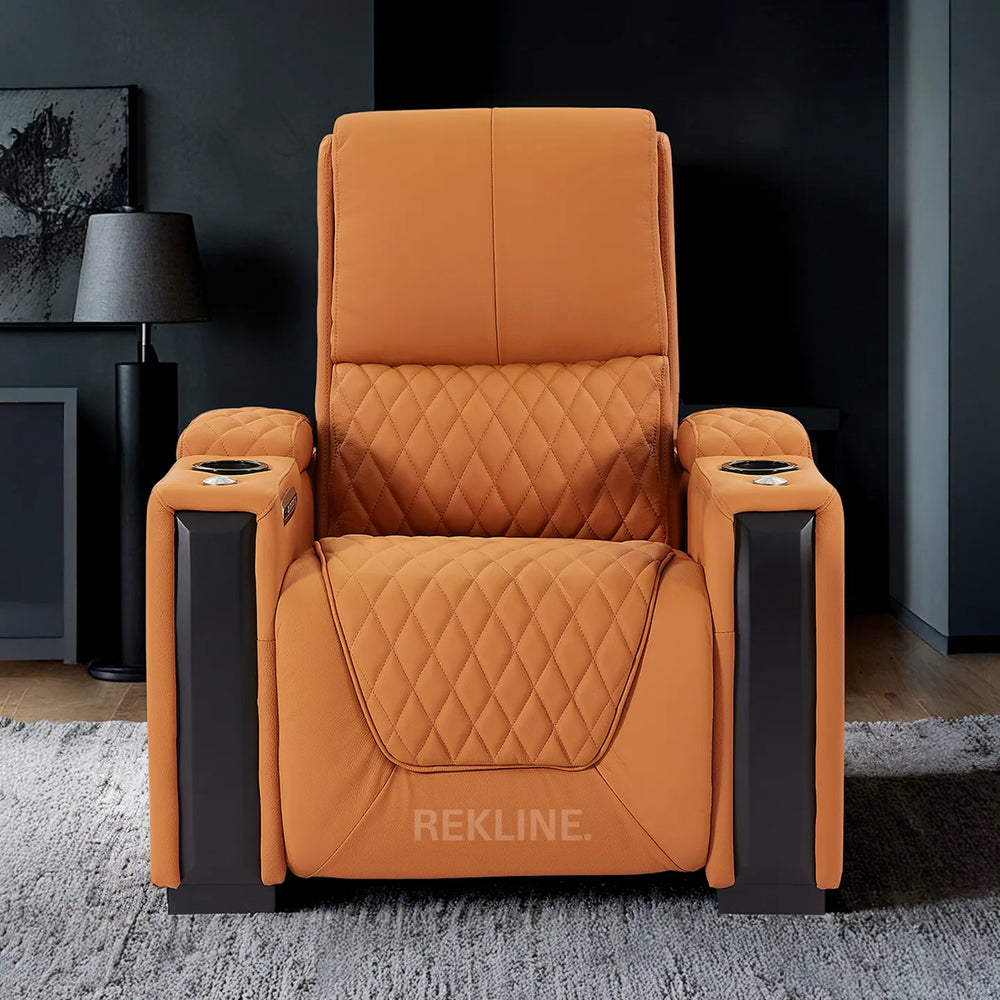 Home Cinema Chair in Orange Real Leather | Luxury for Gaming & Movie Theatre Seating | Electric Recliner with Power Headrest & Automatic Lumbar Support | Assisi by REKLINE