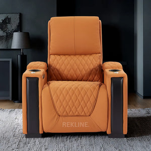 Home Cinema Chair in Orange Real Leather | Luxury for Gaming & Movie Theatre Seating | Electric Recliner with Power Headrest & Automatic Lumbar Support | Assisi by REKLINE
