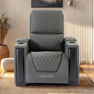 Home Cinema Chair in Grey Real Leather | Luxury for Gaming & Movie Theatre Seating | Electric Recliner with Power Headrest & Automatic Lumbar Support | Assisi by REKLINE