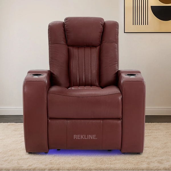 Home Cinema Chair in Red Leather | Cool, Calm, and Customisable Theatre Seating | Power Recliner Chair with 8-Point Massage & Power Headrest | Capri by REKLINE