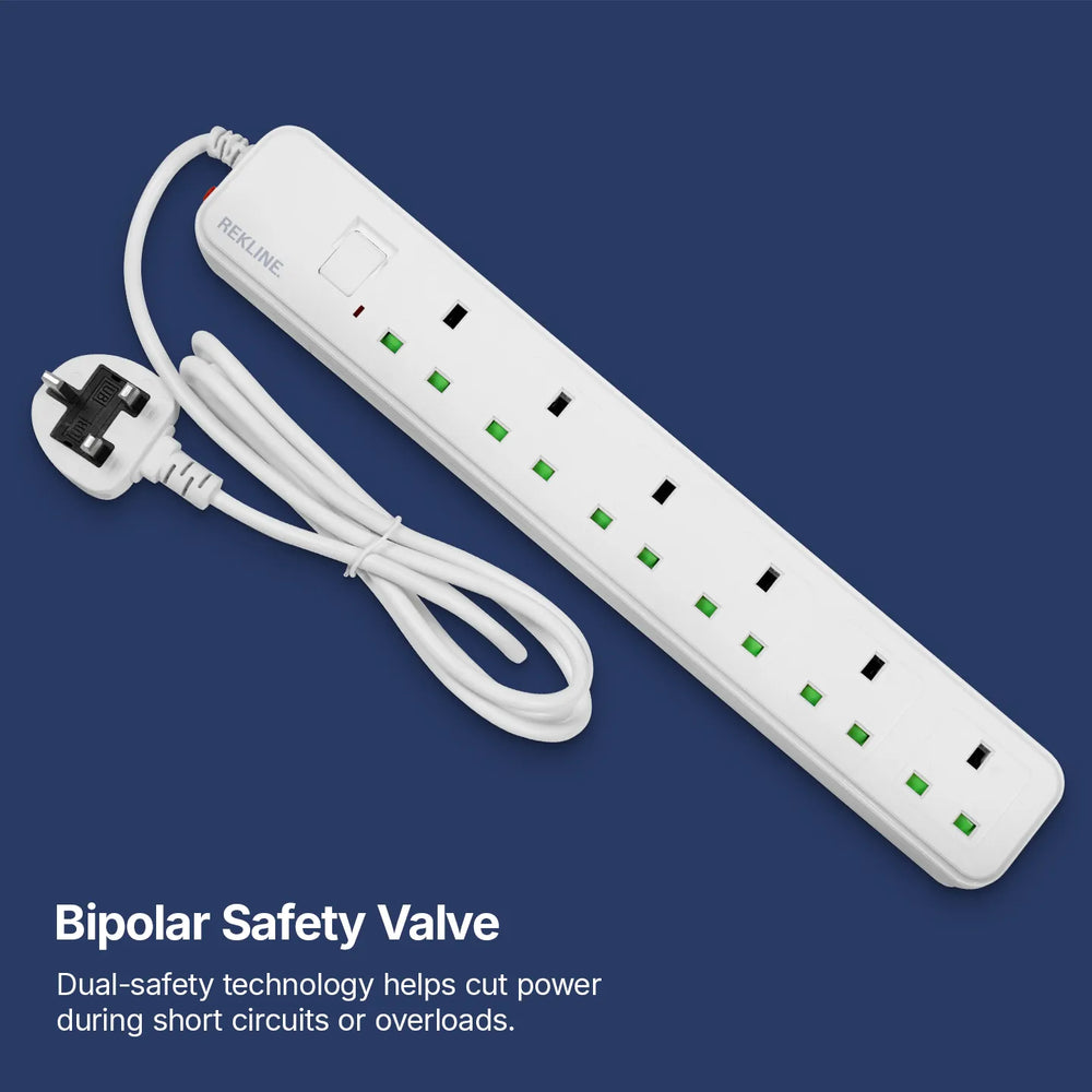 6 Socket Extension Lead With Safety Switch & Indicator Light | 13 Amp | 2m Cable Length | Wall Mount Design | by REKLINE