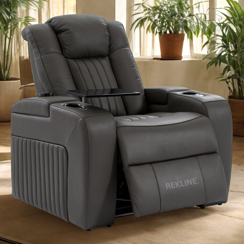 Home Cinema Chair in Grey Real Leather | Luxury for Gaming & Movie Theatre Seating | Electric Recliner with 8-Point Massage & Power Headrest | Capri by REKLINE