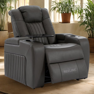 Home Cinema Chair in Grey Real Leather | Luxury for Gaming & Movie Theatre Seating | Electric Recliner with 8-Point Massage & Power Headrest | Capri by REKLINE