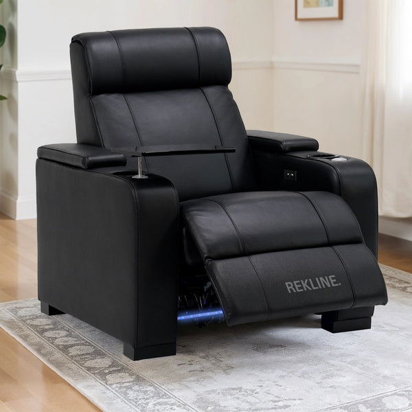 Home Cinema Chair in Black Real Leather | Luxury Movie Theatre Seating | Electric Recliner with Padded Headrest & Lumbar Support | Rimini by REKLINE
