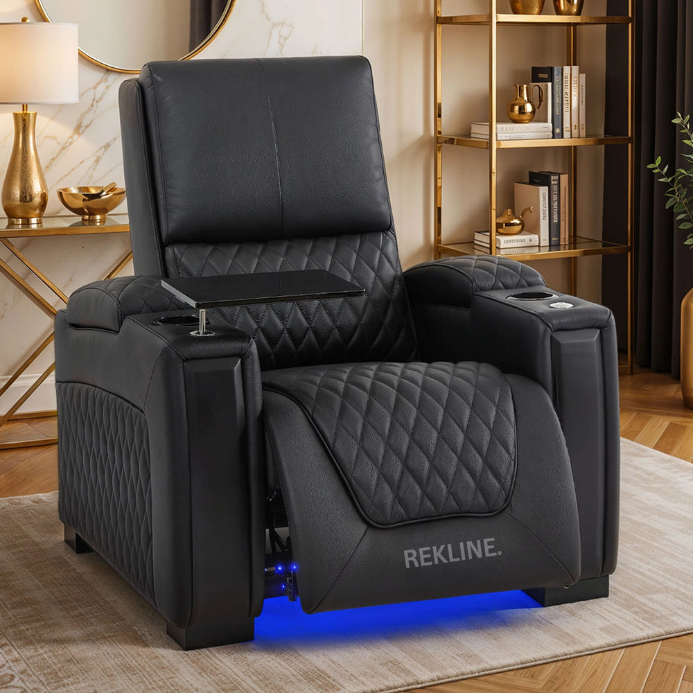 Home Cinema Chair in Black Real Leather | Luxury for Gaming & Movie Theatre Seating | Electric Recliner with Power Headrest & Automatic Lumbar Support | Assisi by REKLINE