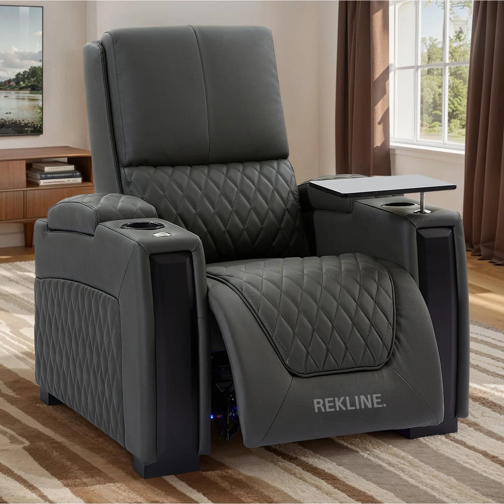 Home Cinema Chair in Grey Real Leather | Luxury for Gaming & Movie Theatre Seating | Electric Recliner with Power Headrest & Automatic Lumbar Support | Assisi by REKLINE